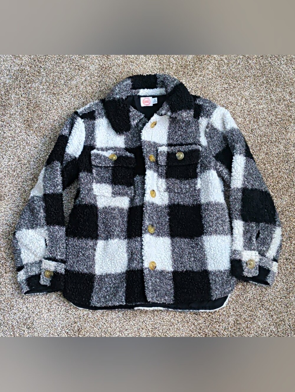 Kids Black & Gray Plaid Sherpa Button-Up Jacket